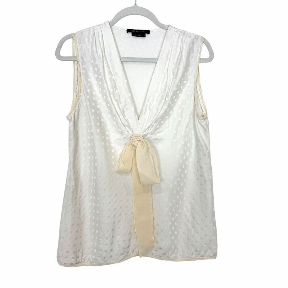 BCBGmaxazria Silk blouse Tie Bow Neck Polka Dot Sleeveless Top White Medium BCBG